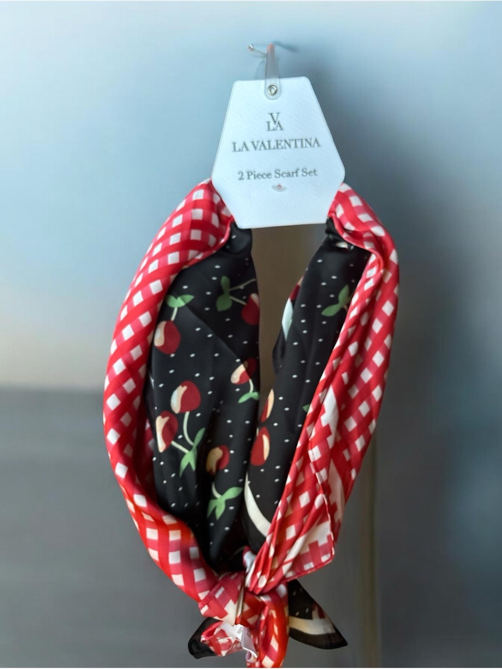 Valentina Cherry Print & Red Gingham Scarf Set
